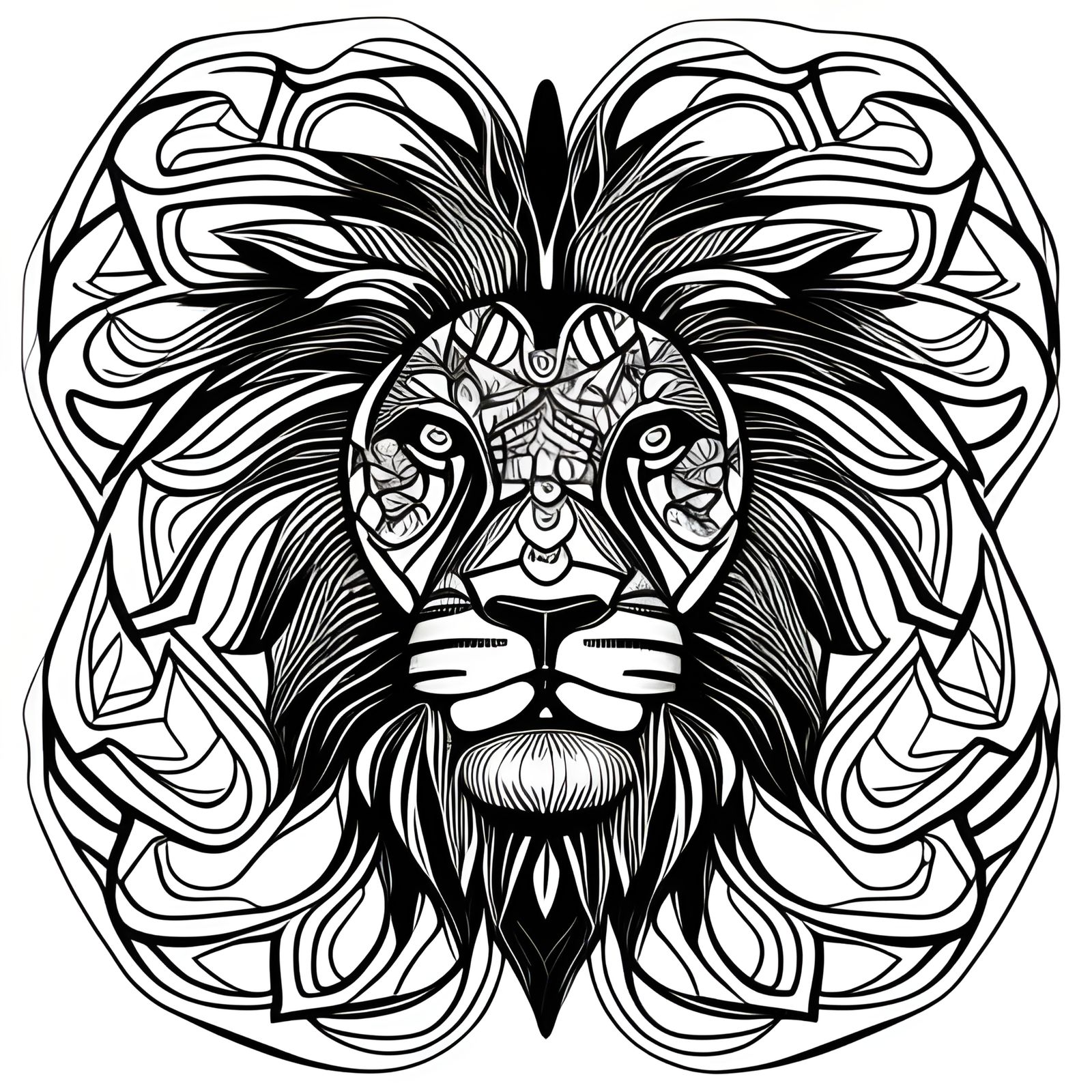 Centered coloring lion book centered lion face connected lines black and white thick line work big patterns negative space ink fin