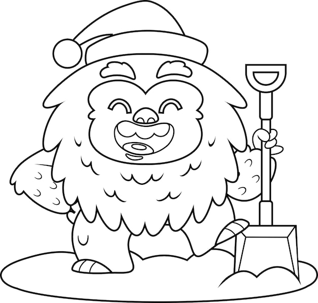 Premium vector outlined happy christmas christmas yeti bigfoot cartoon character holding a shovel shoveling snow