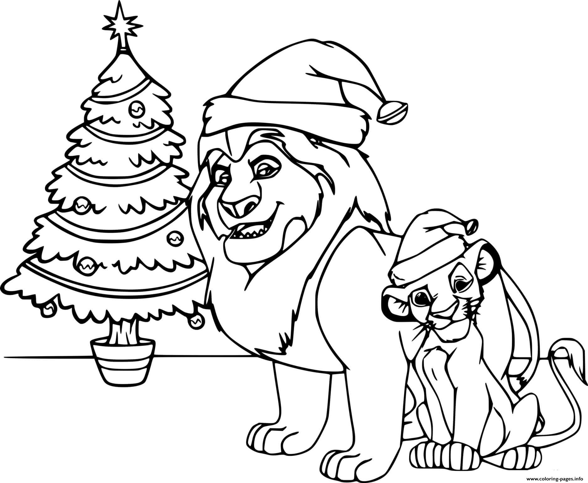 Lion king and christmas tree coloring page printable