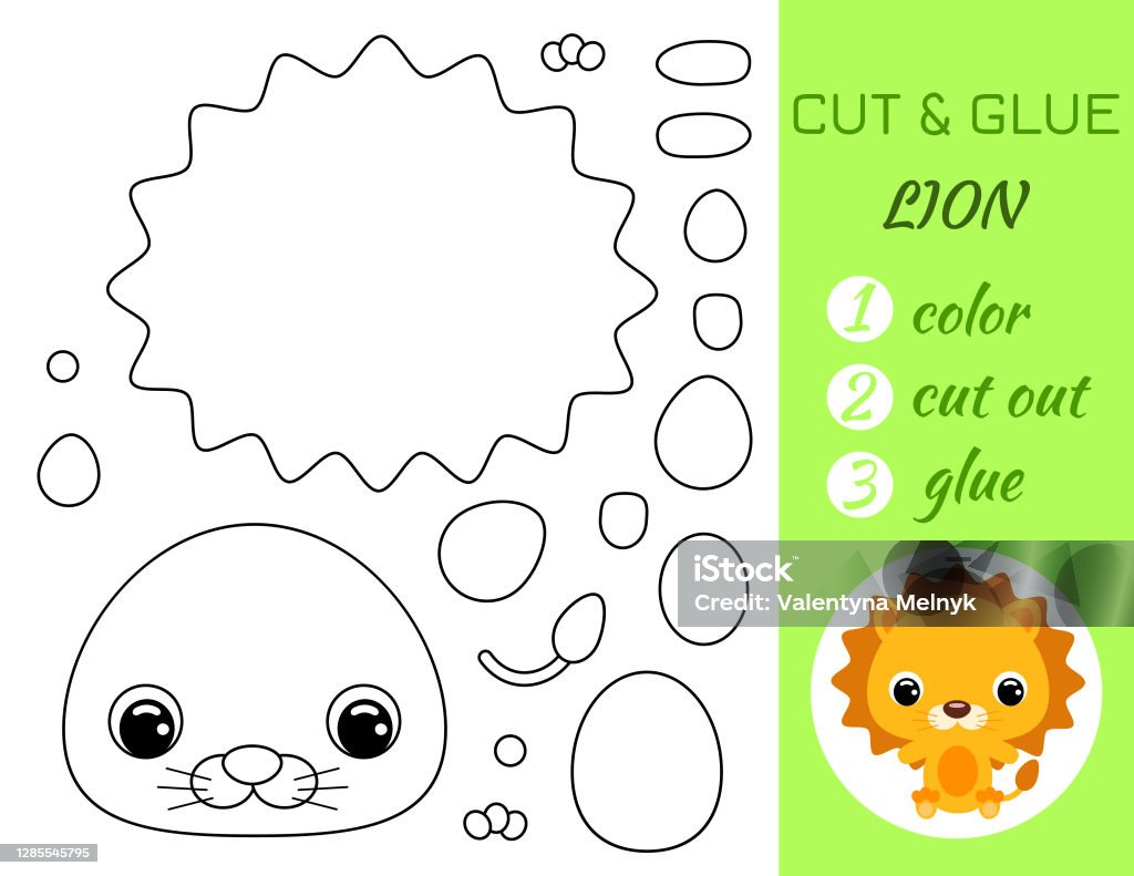Simple educational game coloring page cut and glue sitting baby lion for kids educational paper game for preschool children color cut parts and glue on paper vector stock illustration stock illustration