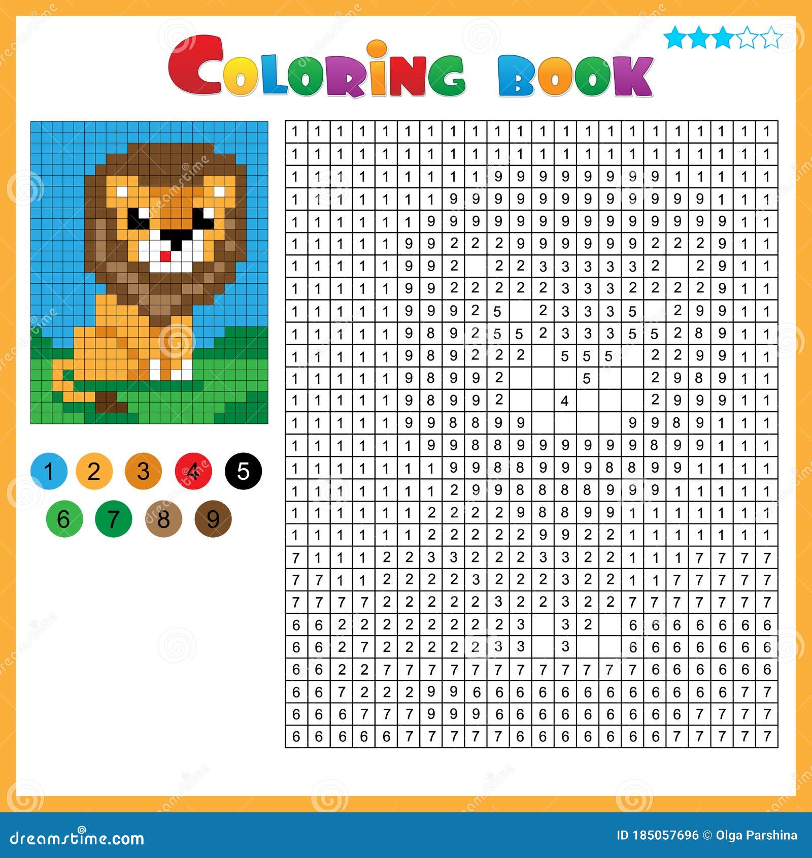 Lion color by numbers coloring book for kids stock vector