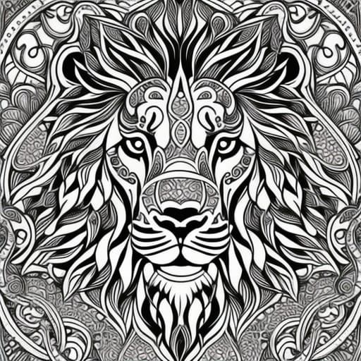 Outline only storybook coloring page of an intricately inked lion mandala intricate detailed beautiful thin lines monochromatic aesthet