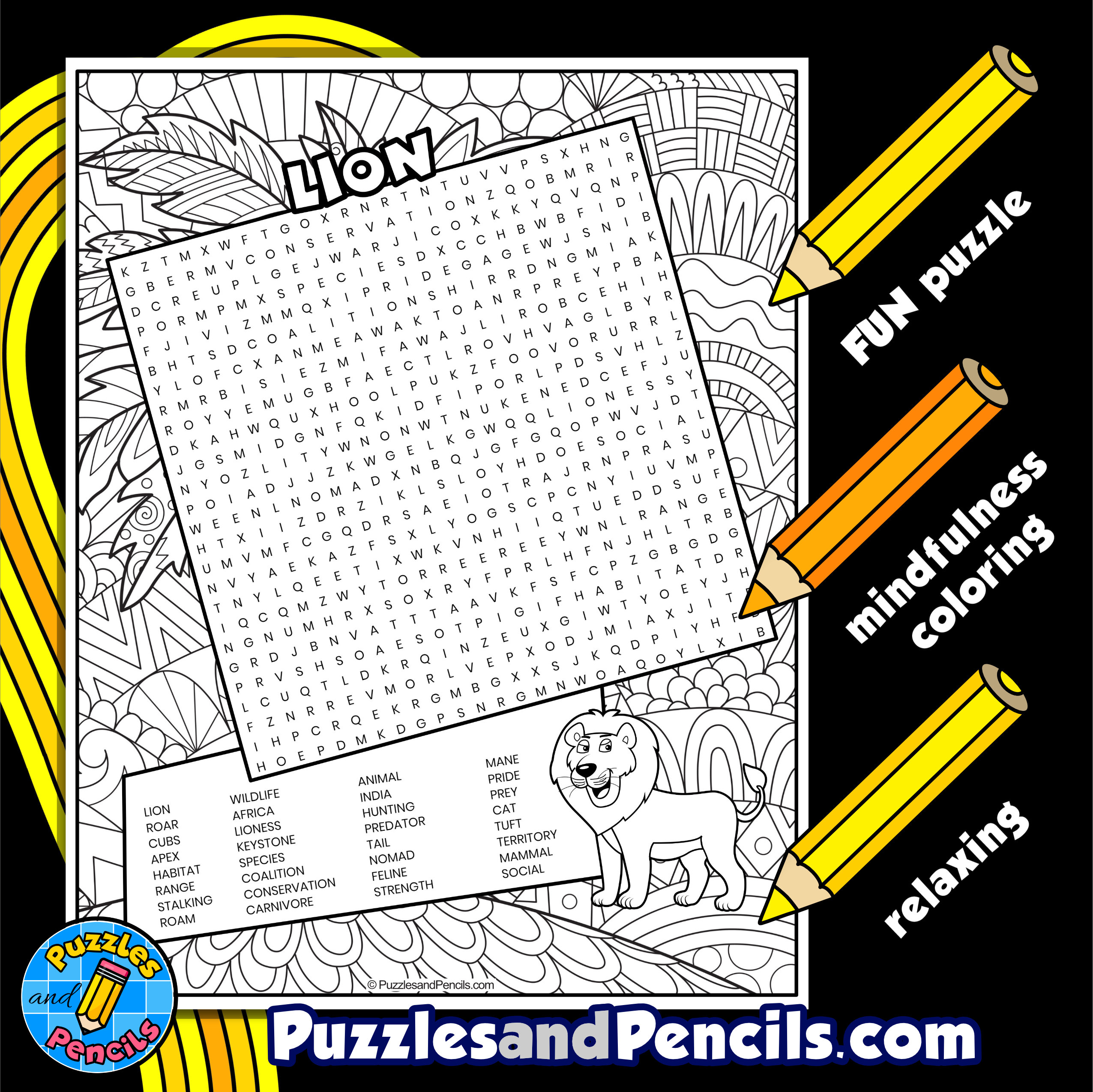 Lion word search puzzle with coloring wildlife wordsearch made by teachers