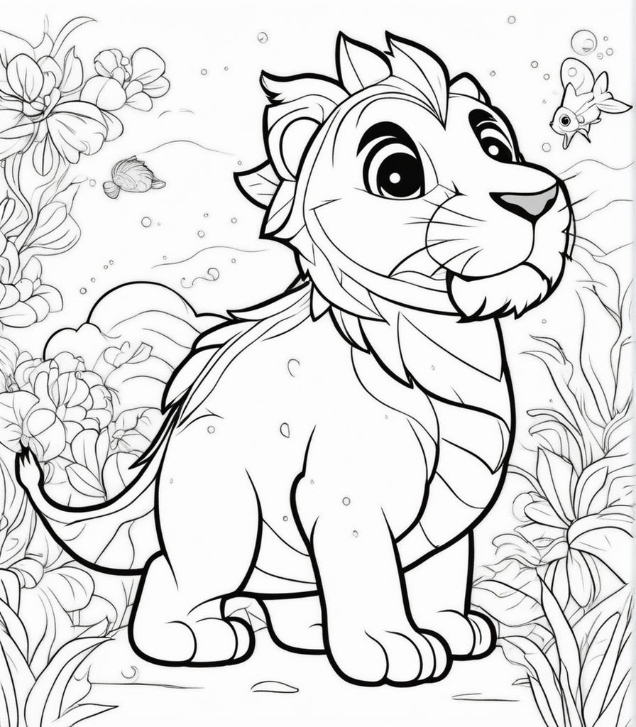 Simple cartoon lion in the jungle coloring book template