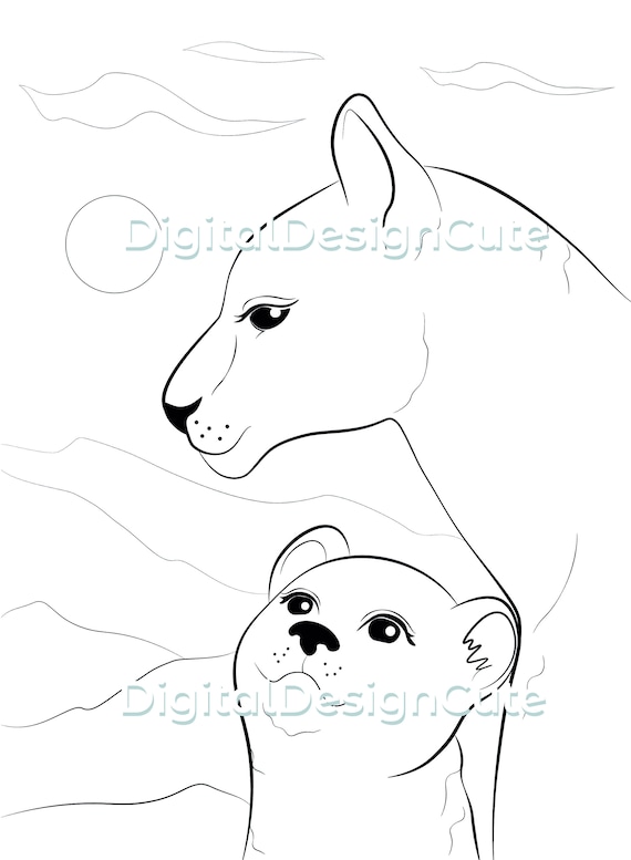 Lioness mother and baby lion cub premium coloring page instant download pdf jpeg png