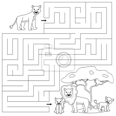Coloring page for kids maze game help the lioness find right â wall stickers fun labyrinth black