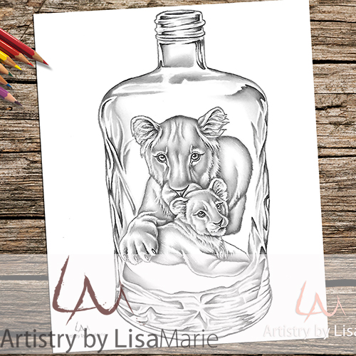 Mom lioness and cub in bottle printable coloring book page â artistry by lisa marie