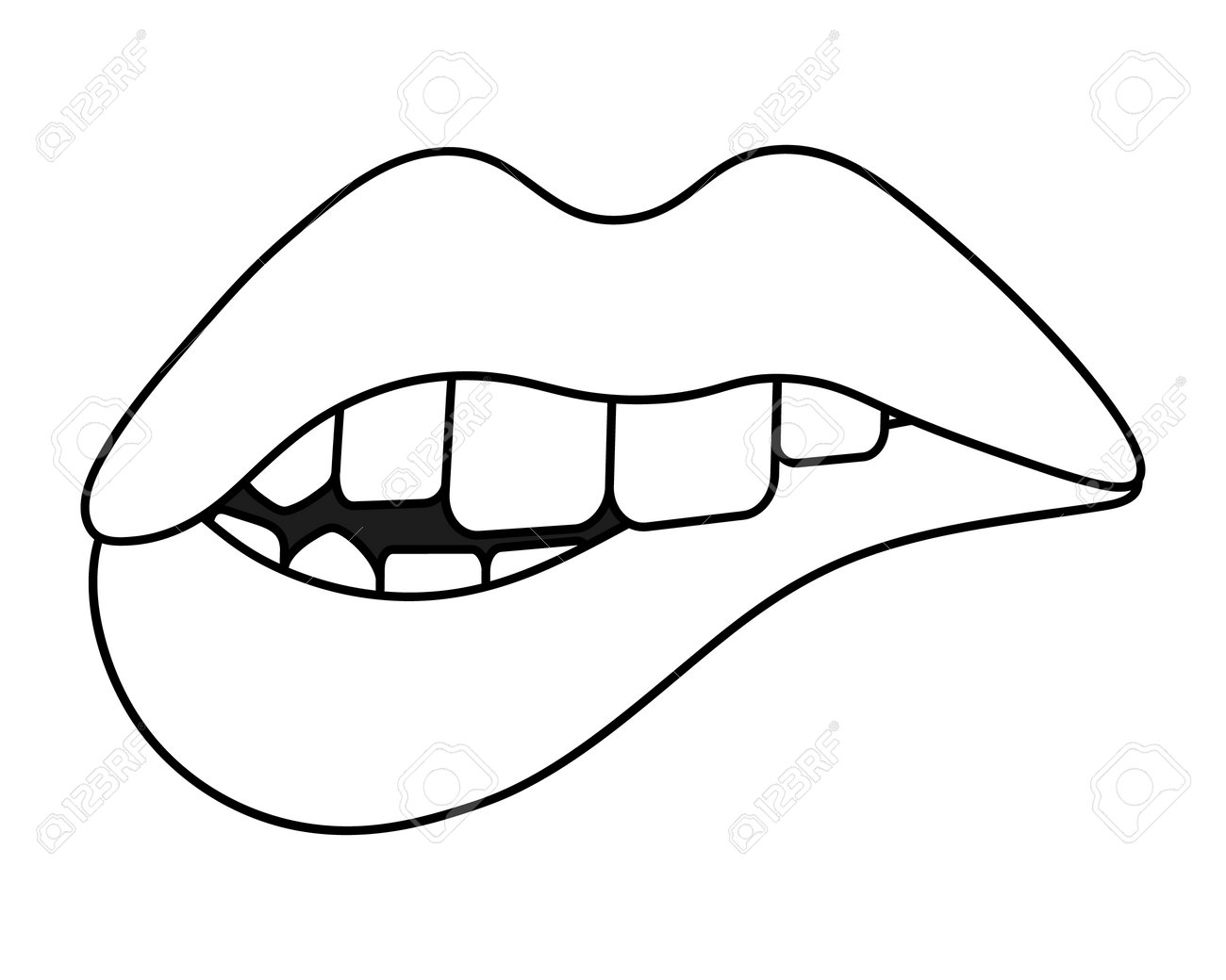 Bite your lip sketch seductive mouth vector illustration coloring book for children valentines day doodle style my teeth bit into my lower lip sensual bite outline on an isolated background royalty free