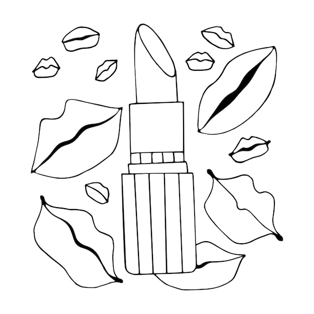 Premium vector lipstick lip prints coloring page female cosmetics kisses hand drawn vector line art black and white illustration