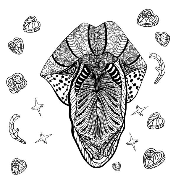 Antistress coloring page mandala style open mouth plump lips and a protruding tongue isolated on white for child coloring book tattoo design print package card designer clothes icon logo stock illustration