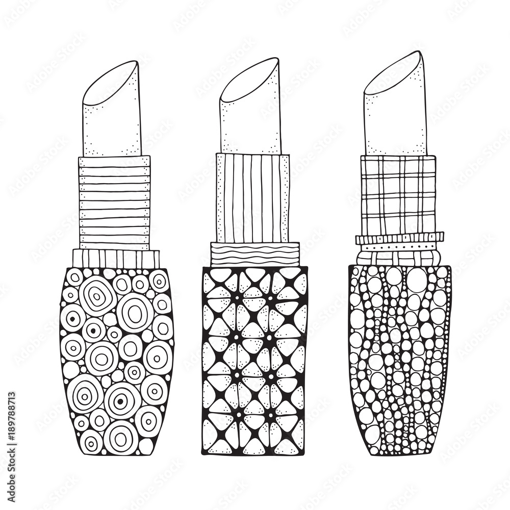 Set of lipstick in zentangle style coloring book page for adult black and white patterns girls accessyare vector
