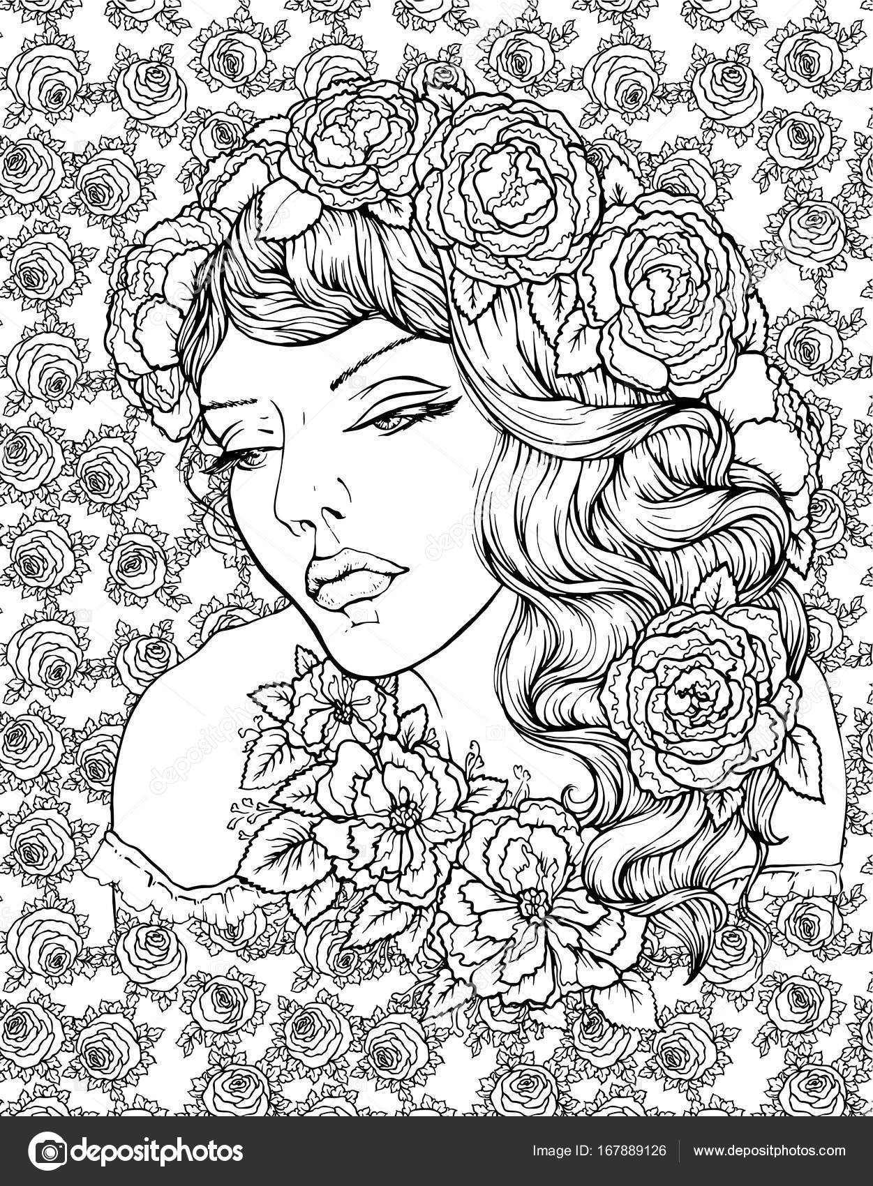 Face of pretty elegant boho girl with wreath on floral background with roses beautiful wavy curly hair and pouty lips hand drawn amazing floral bohemia coloring book page for adult stock vector