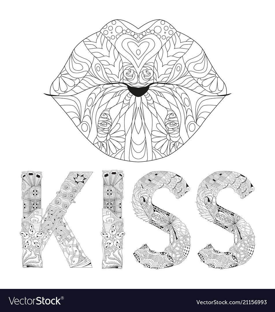 Word kiss with lips silhouette for coloring vector image