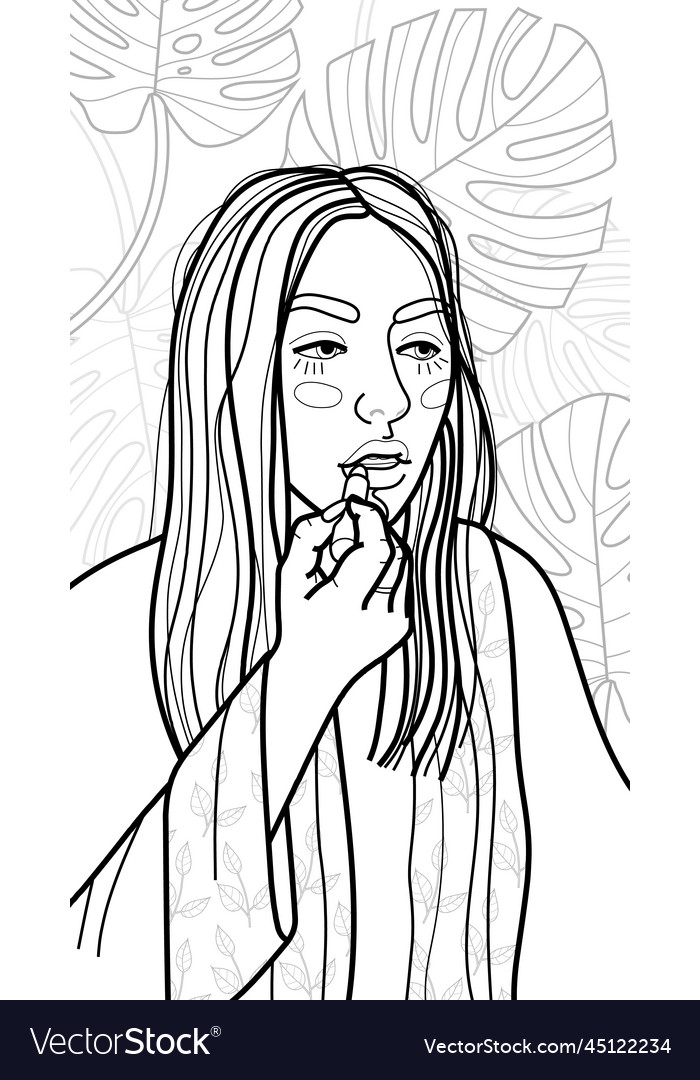 Coloring page girl with lipstick royalty free vector image