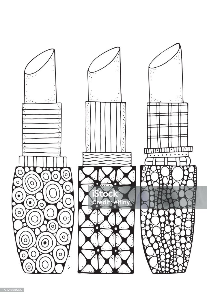 Set of lipstick in doodle style coloring book page for adult a size black and white patterns girls accessyare stock illustration