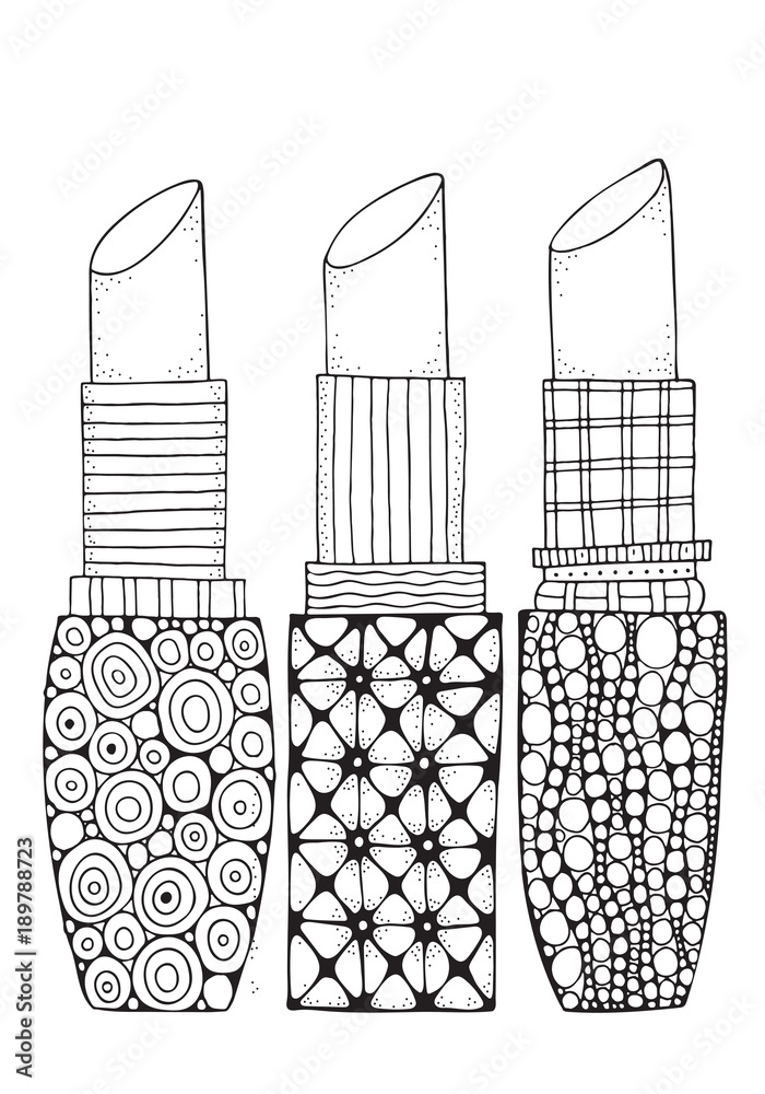 Set of lipstick in zentangle style coloring book page for adult a size black and white patterns girls accessyare vector