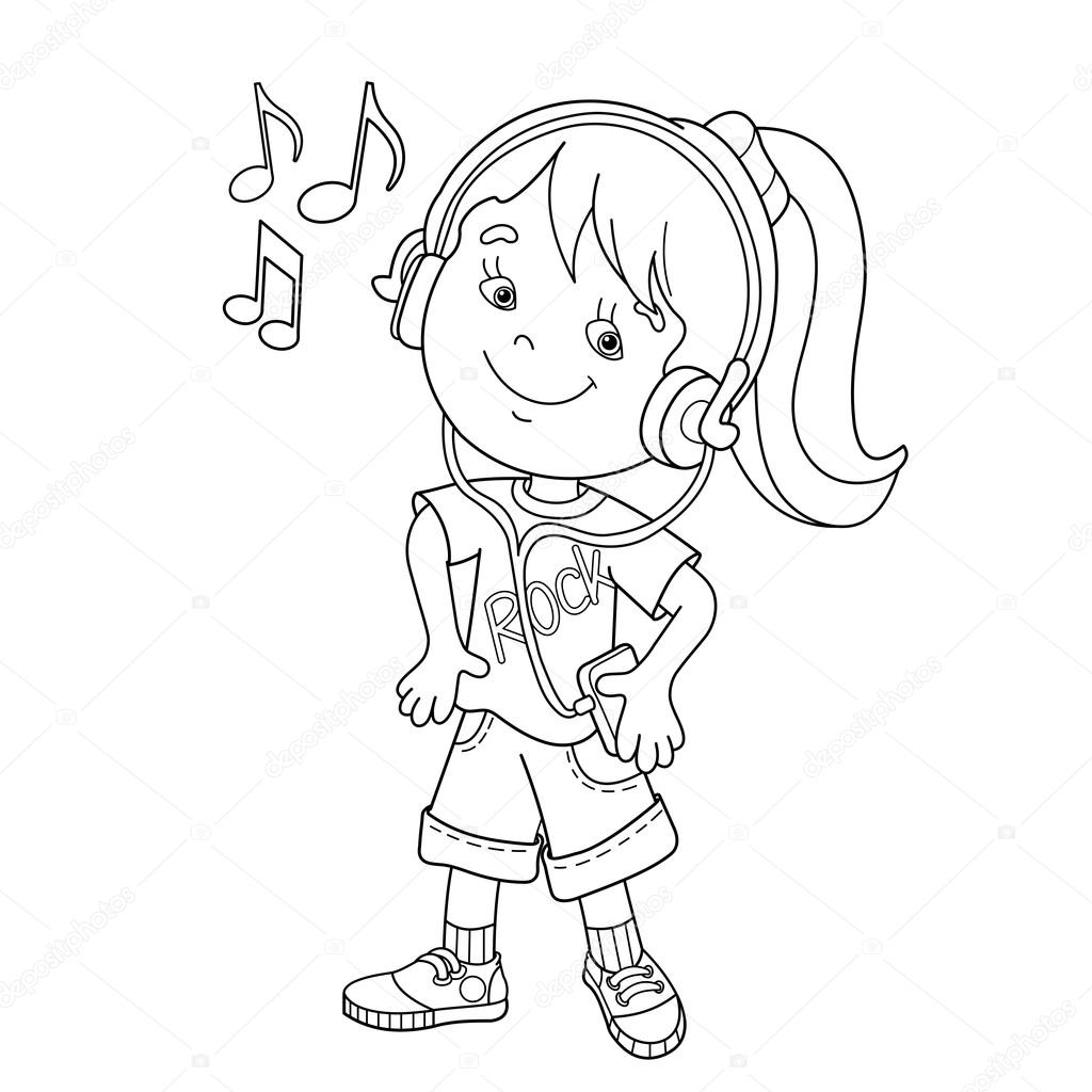 Coloring page outline of girl in headphones listening to to music coloring book for kids stock vector by oleon