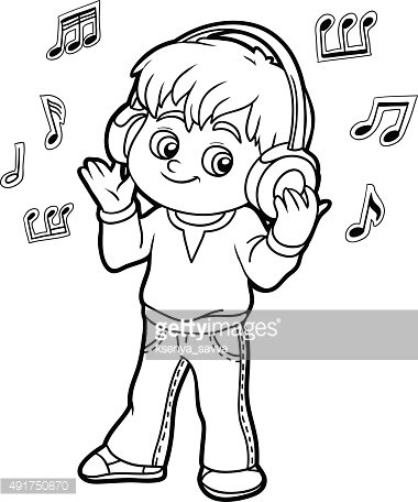 Coloring book little boy listening to music on headphones stock clipart royalty