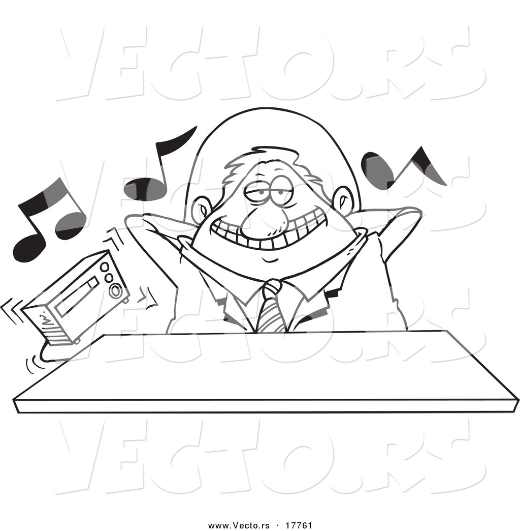 R of a cartoon lazy boss listening to loud music
