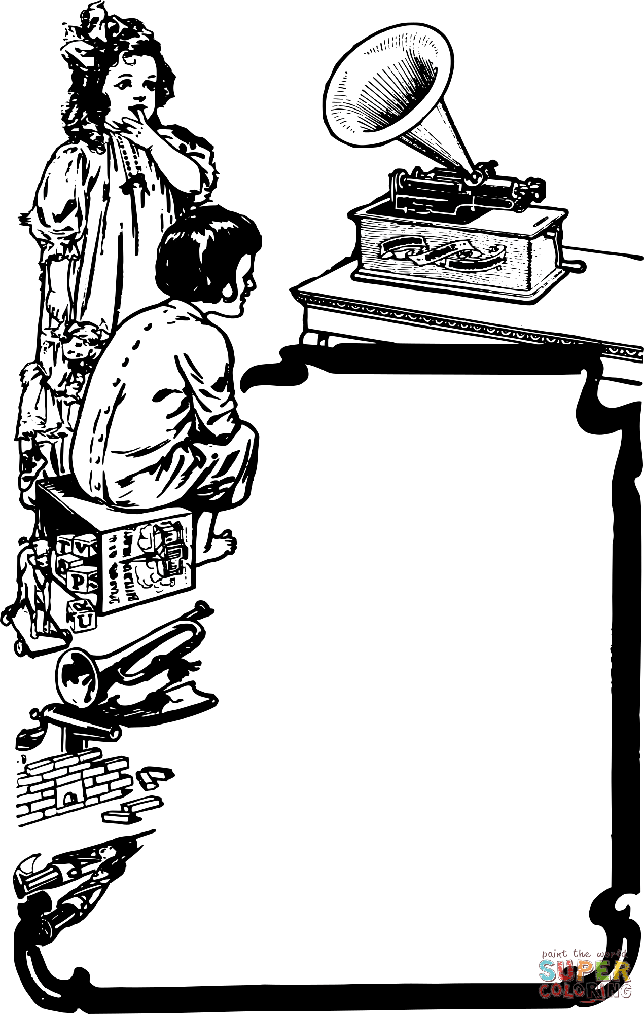 Vintage kids listen to music coloring page free printable coloring pages