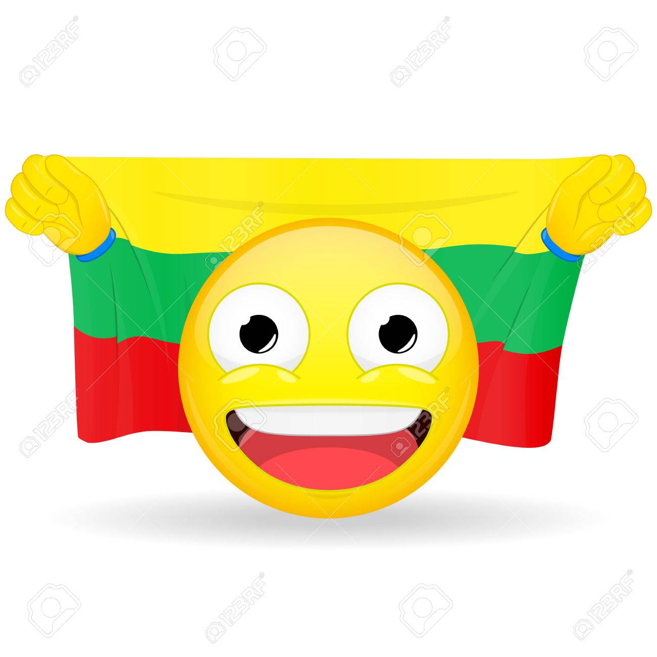 Emoji fan holds in hands flag behind his head lithuanian flag fan cares for his country glory spectator bawl emotion exult emoticon buff of sports games smile vector illustration royalty free svg