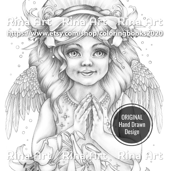 Little angel coloring page printable adult colouring pages book download grayscale illustration jpg pdf