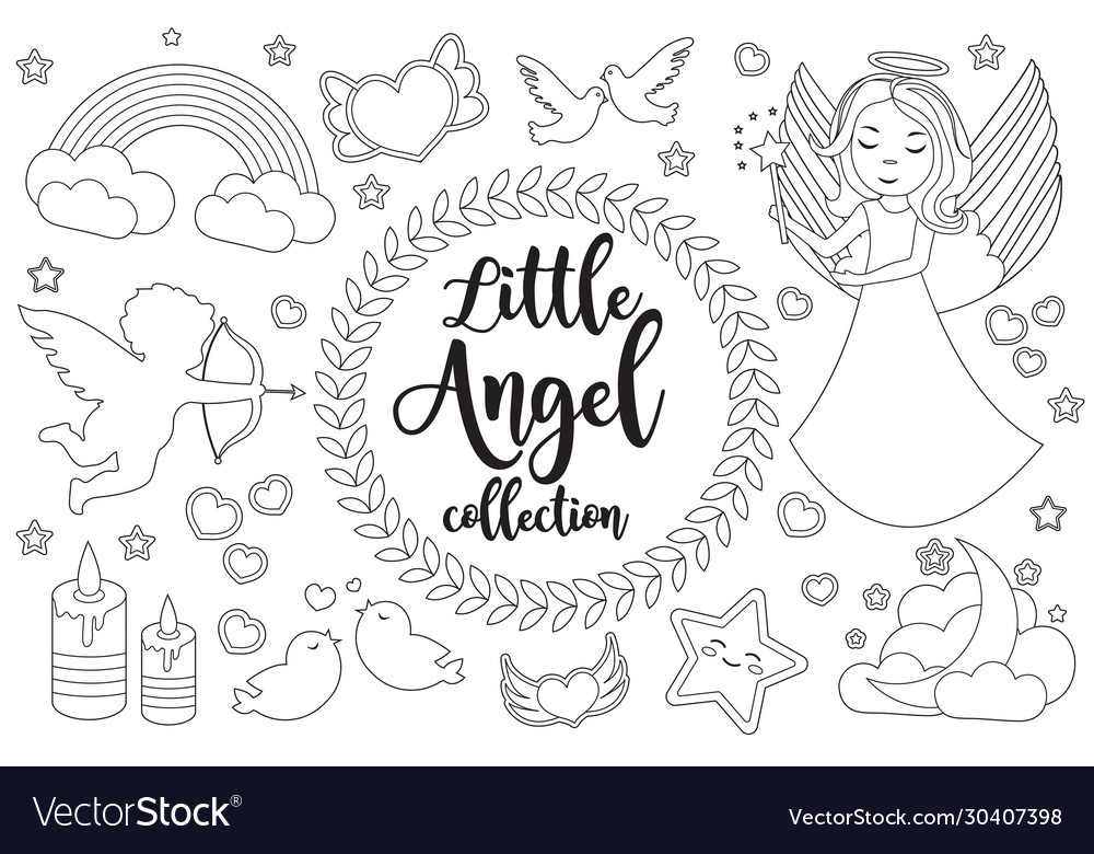 Cute little angel set coloring book page for kids vector image
