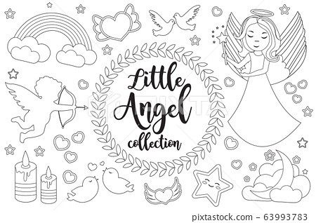 Cute little angel set coloring book page for