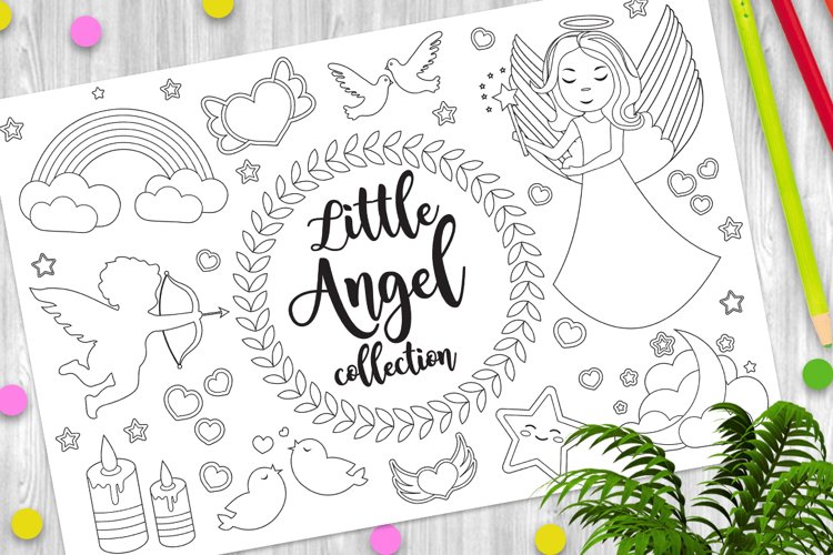 Cute little angel set coloring book page for kids