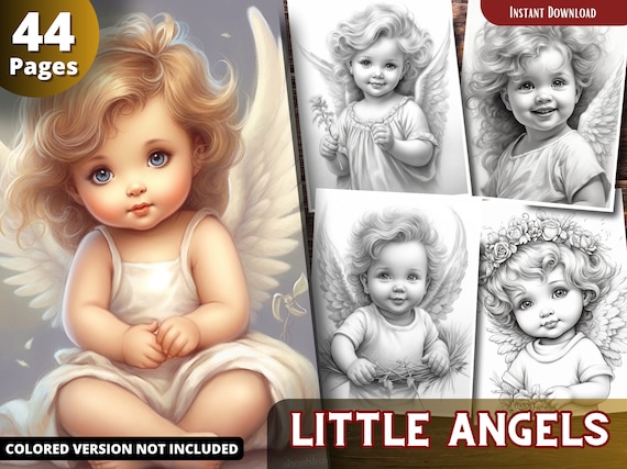 Little angels coloring pages for adults and for kids for relax and stress relief grayscale coloring book printable pdf instant download