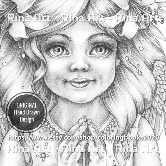 Little angel coloring page printable adult colouring pages book download grayscale illustration jpg pdf download now