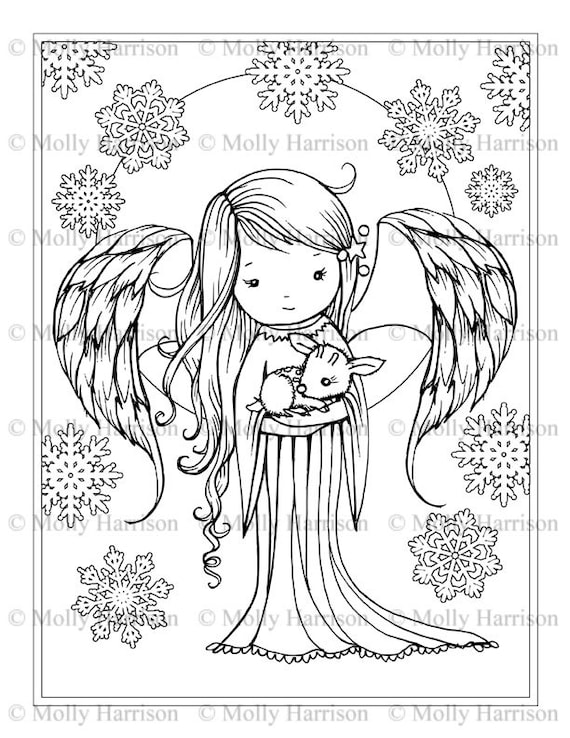 Angel holding tiny fawn coloring page fantasy art illustration printable instant download christmas angel fairy angels