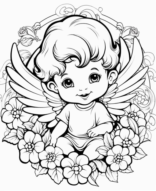 Premium ai image a coloring page of a little angel with flowers and leaves generative ai