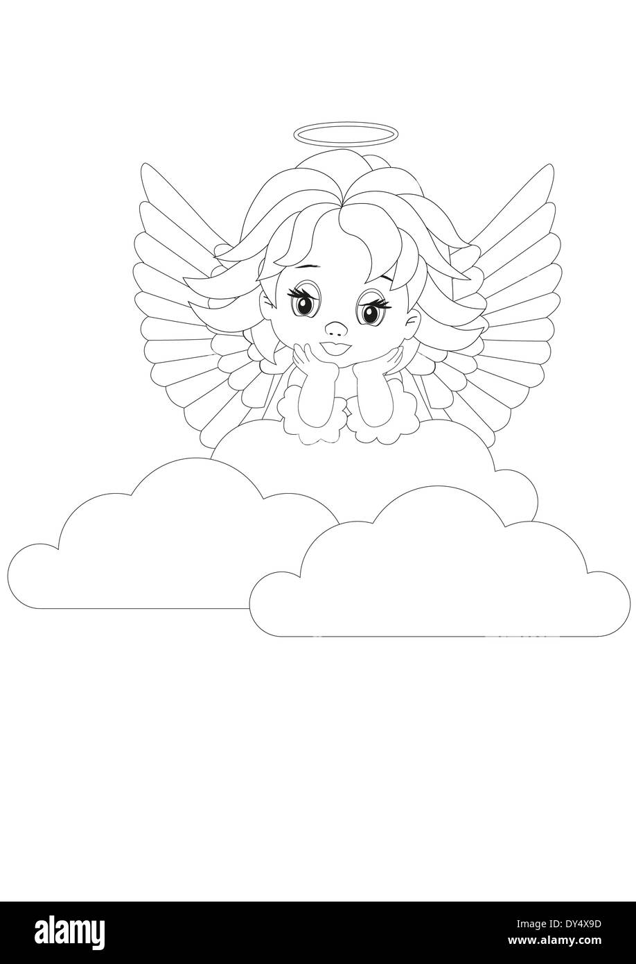 Coloring page little angel in white clouds stock photo