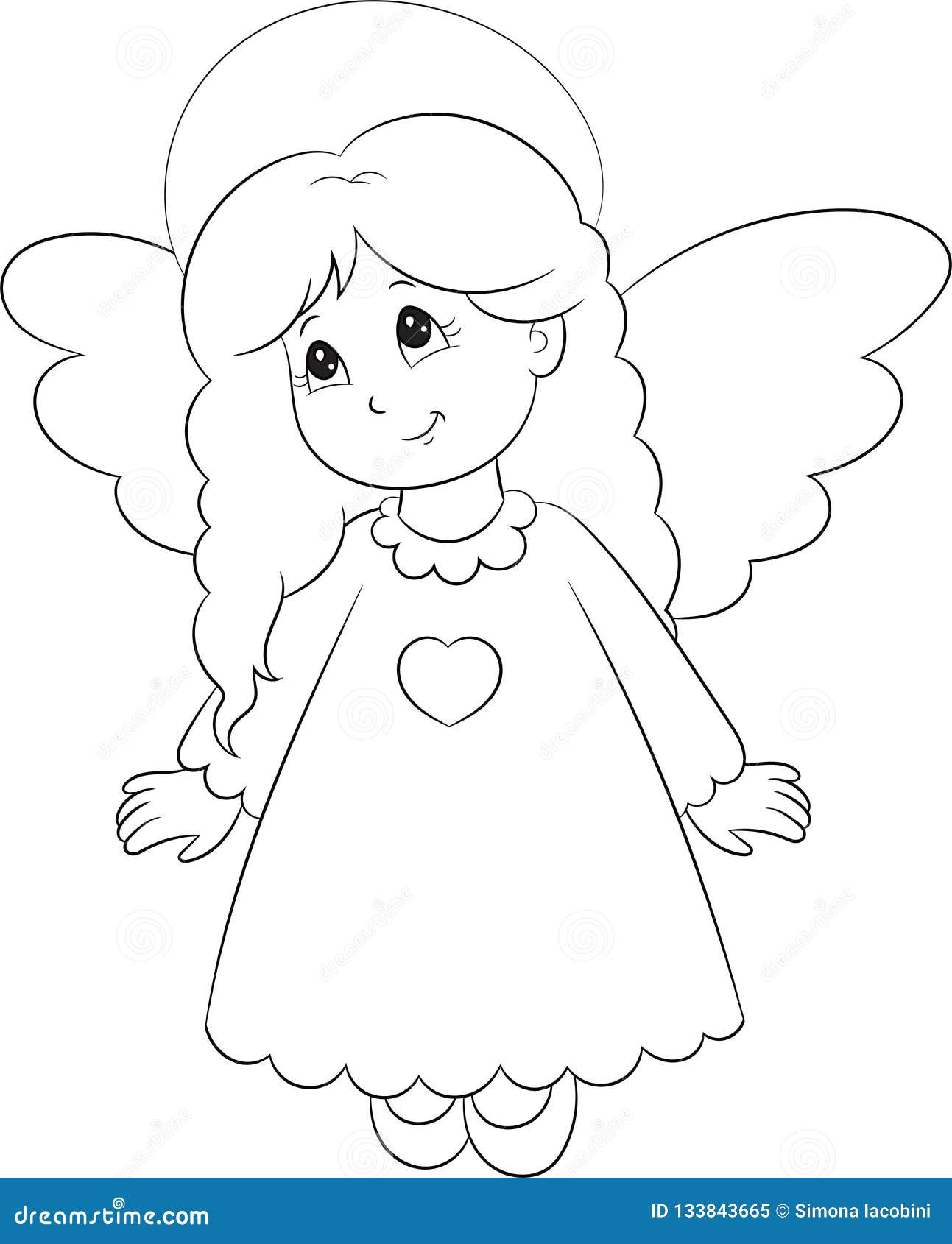 Illustration of an adorable little angel dressed in a cute dress in black and white perfect for childrens coloring book stock vector