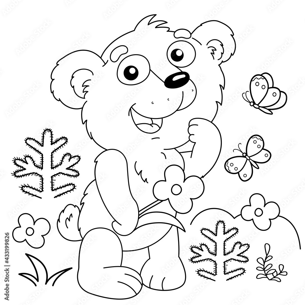 Coloring page outline of cartoon little bear with the flower in forest coloring book for kids vector