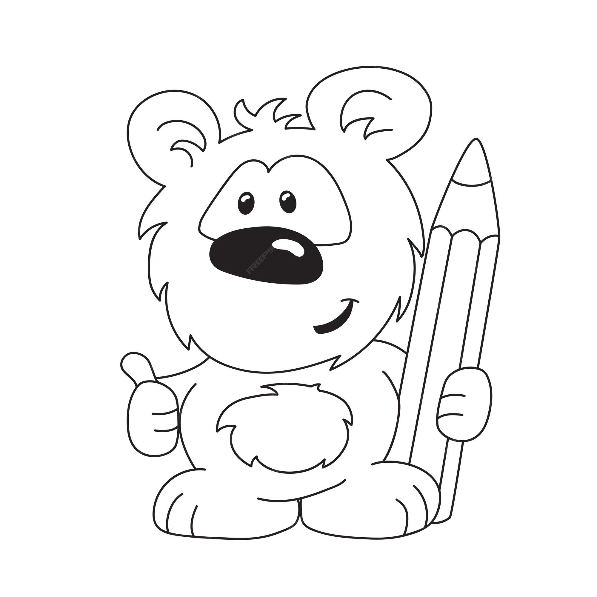 Premium vector coloring page of cute little bear with pencil for preschool kids activity educational worksheet