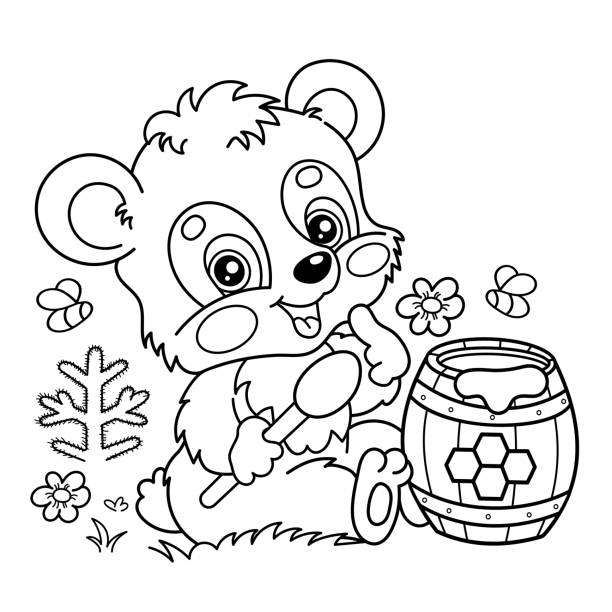 Coloring page outline of cartoon little bear with barrel of honey coloring book for kids stock illustration