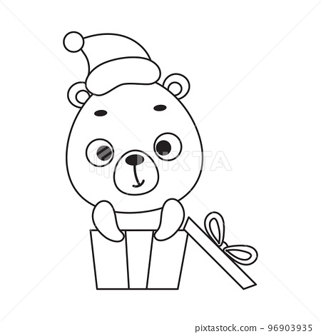 Coloring page cute little bear sitting in gift