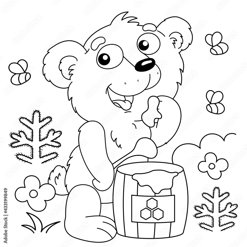 Coloring page outline of cartoon little bear with barrel of honey coloring book for kids vector