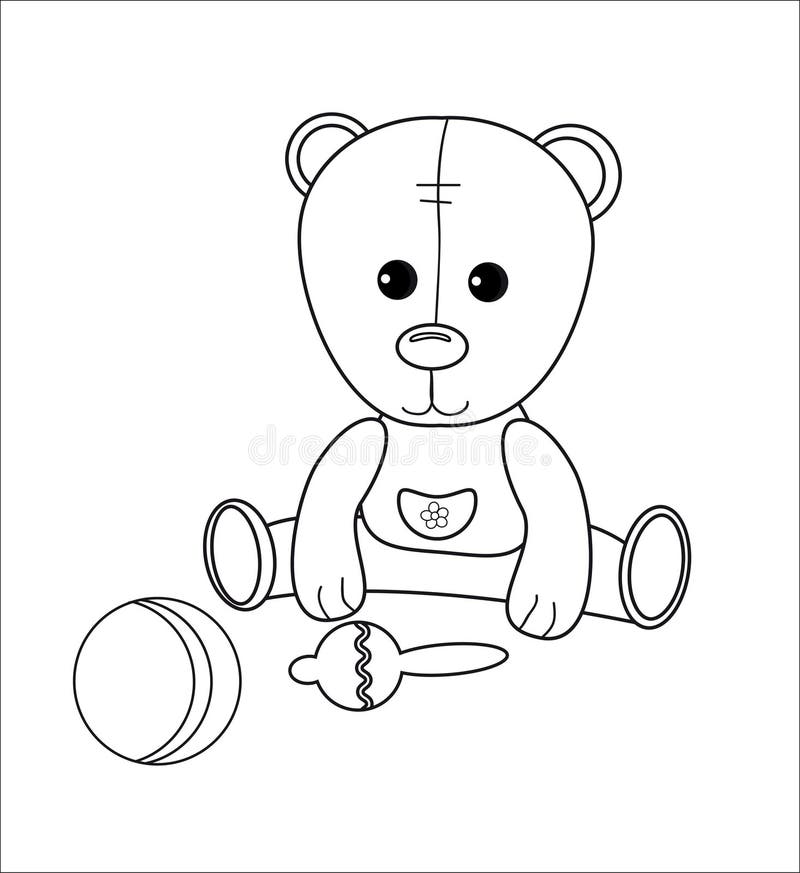 Cute little bear character with rattle ball coloring page with toys vector simple game for kids linear illustration stock vector