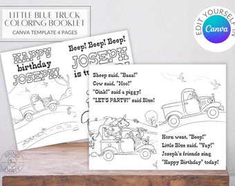 Little blue truck coloring booklet editable canva template coloring booklet party favor birthday party coloring book beep beep beep