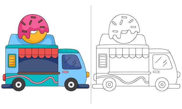 Premium vector blue foodtruck donut childrens coloring book illustration