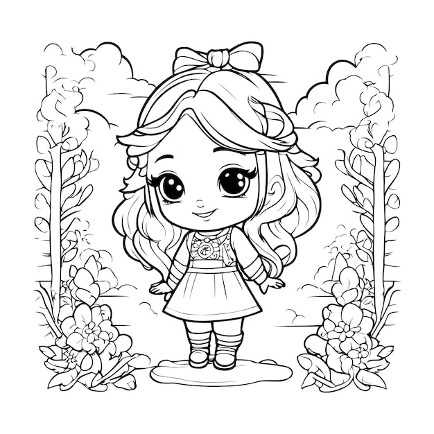 Premium vector coloring page outline of a cute little girl with flowers