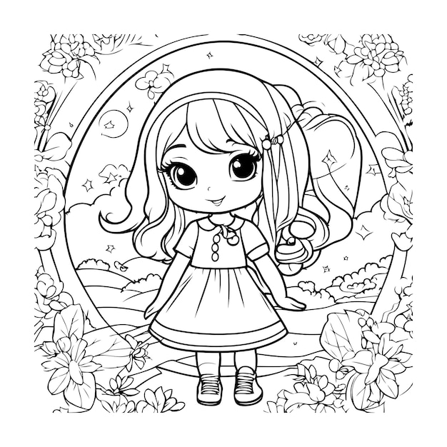 Premium vector coloring page outline of a cute little girl with flowers