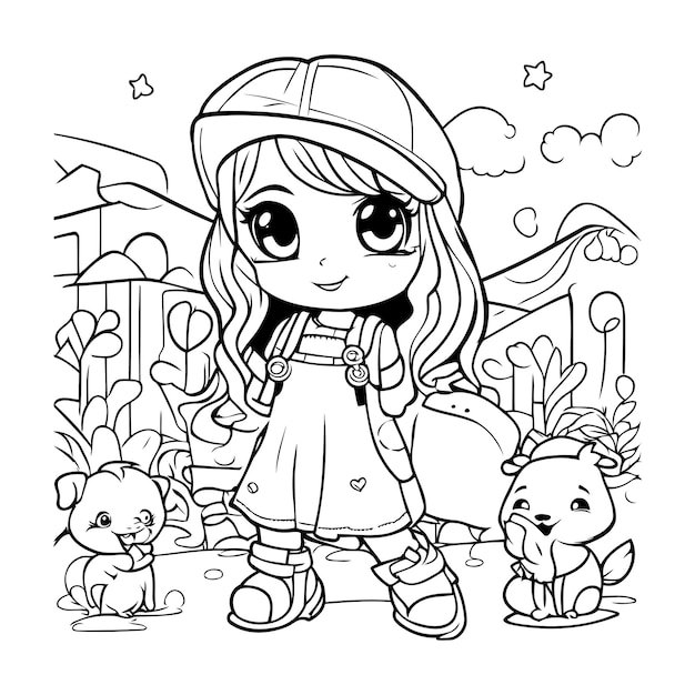 Premium vector coloring page outline of cute little girl with her pet animal
