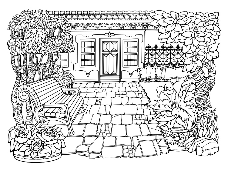 Little cozy town printable coloring page for adults vector by vyart on