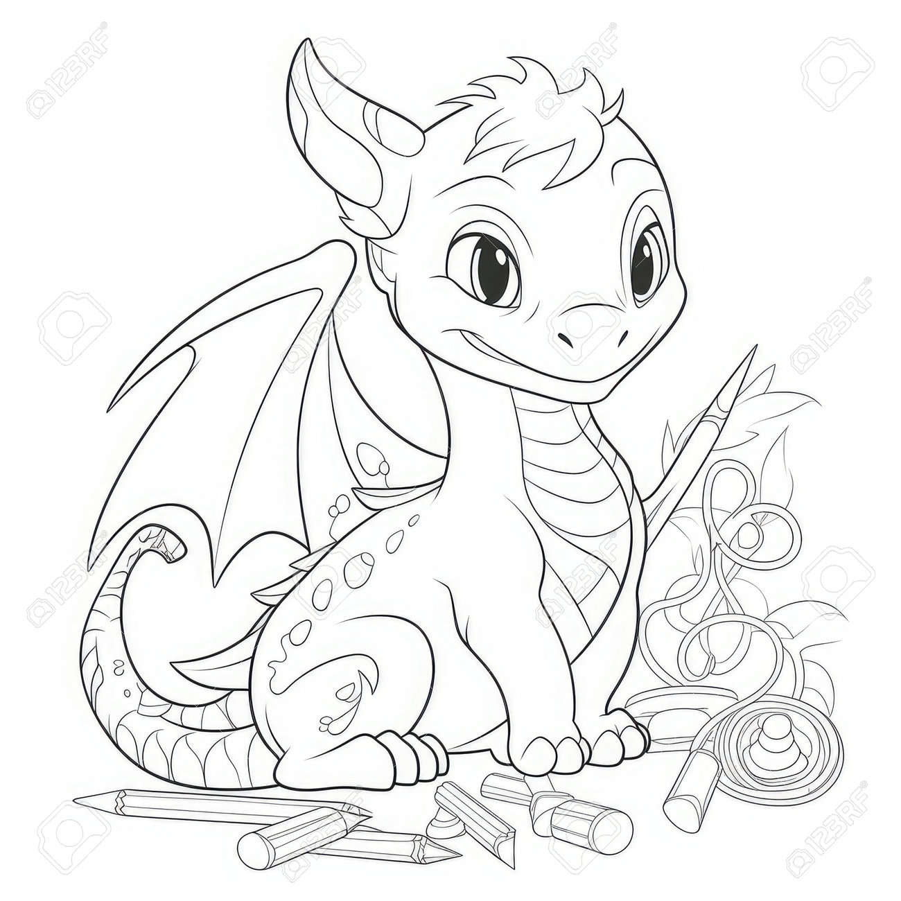 Coloring page outline of a cute little dragon with pencils stock photo picture and royalty free image image