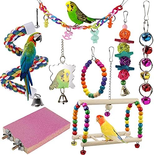 Aceone bird parakeet cockatiel toys pcs bird cage toys parrot swing chewing toy hanging wooden perch for small conures love birds finches budgie pet supplies