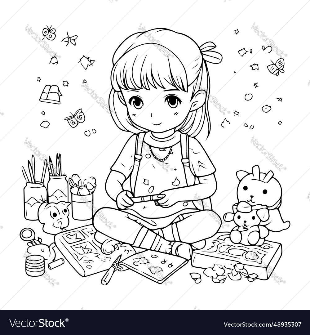 Coloring page outline of a cute little girl vector image